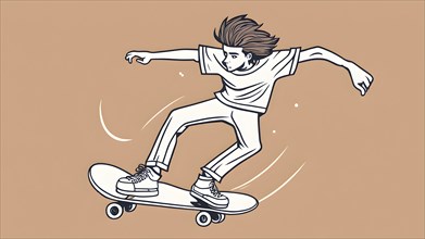 Male skateboarder in a retro design minimalist line art illustration, AI generated