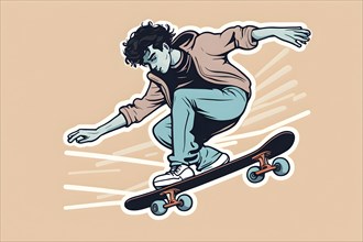 Male skateboarder in a retro design minimalist line art illustration, AI generated