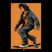 Male skateboarder in a retro design minimalist line art illustration, AI generated