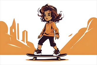 Female skateboarder in a retro design minimalist line art illustration, AI generated