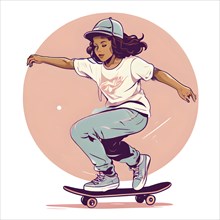 Female skateboarder in a retro design minimalist line art illustration, AI generated