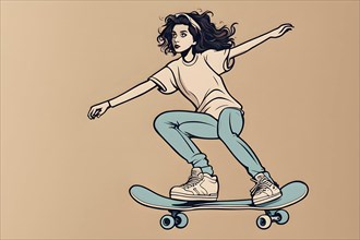 Female skateboarder in a retro design minimalist line art illustration, AI generated