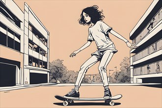 Female skateboarder in a retro design minimalist line art illustration, AI generated