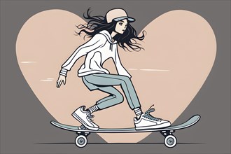 Female skateboarder in a retro design minimalist line art illustration, AI generated