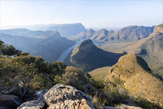 Blyde River Canyon with Three Rondawels peak, view of canyon with Blyde River and Table Mountains,