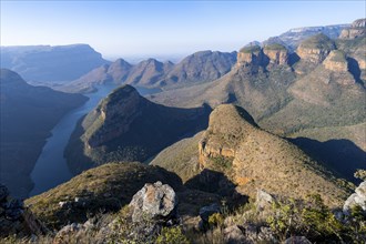 Blyde River Canyon with Three Rondawels peak, view of canyon with Blyde River and Table Mountains,