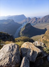 Blyde River Canyon with Three Rondawels peak, view of canyon with Blyde River and Table Mountains,