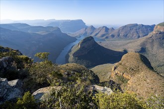 Blyde River Canyon with Three Rondawels peak, view of canyon with Blyde River and Table Mountains,