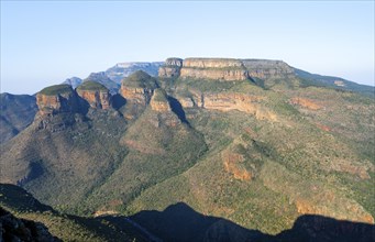 Blyde River Canyon with Three Rondawels peak, view of canyon and table mountains, canyon landscape,