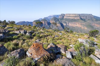 Blyde River Canyon with Three Rondawels peak, view of canyon and table mountains, canyon landscape,