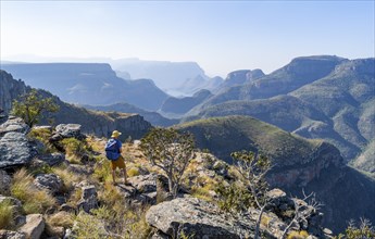 Tourist looking over canyon landscape, view of Blyde River gorge, Lowveld Viewpoint, in the evening