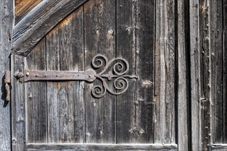 Old, hand-forged iron door fitting on a wooden gate, Ittingen Charterhouse, Warth-Weiningen near