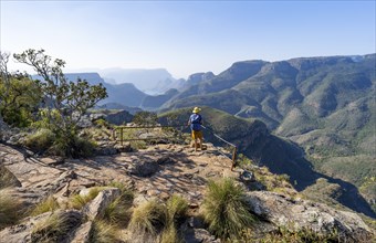 Tourist at the viewpoint, view of the Blyde River gorge, Lowveld Viewpoint, in the evening light,