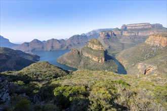 River bend at the Blyde River Canyon with Three Rondawels peak, view of the Blyde River gorge and