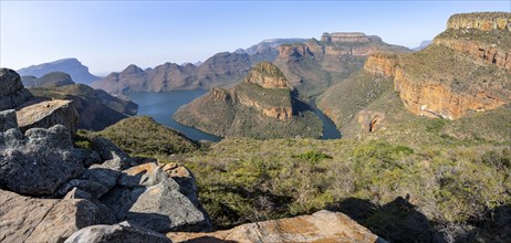 River bend at the Blyde River Canyon with Three Rondawels peak, view of the Blyde River gorge and