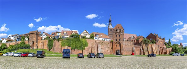 Town wall at the harbour with Elbe gate and tower of the Protestant church St. Stephan, panoramic