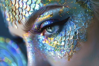 Close up of woman's beautiful eye with mermaid Halloween costume makeup. Generative AI, AI