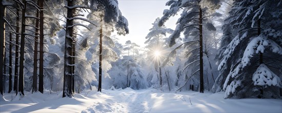 Winter forest with snow bathed in soft diffuse light, AI generated