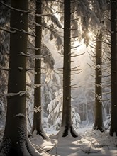 Winter forest with snow bathed in soft diffuse light, AI generated