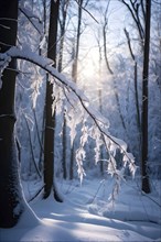 Winter forest with snow bathed in soft diffuse light, AI generated