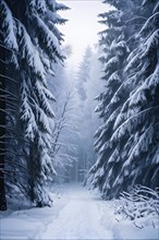 Winter forest with snow bathed in soft diffuse light, AI generated