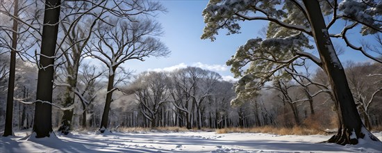 Winter forest with snow bathed in soft diffuse light, AI generated