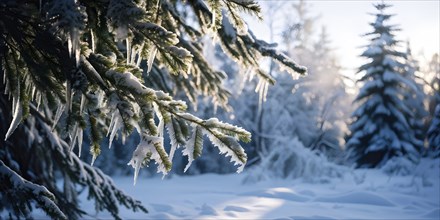 Winter forest with snow bathed in soft diffuse light, AI generated