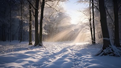 Winter forest with snow bathed in soft diffuse light, AI generated