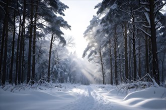 Winter forest with snow bathed in soft diffuse light, AI generated