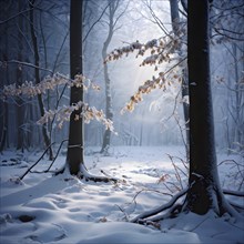 Winter forest with snow bathed in soft diffuse light, AI generated