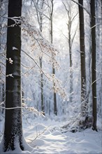 Winter forest with snow bathed in soft diffuse light, AI generated