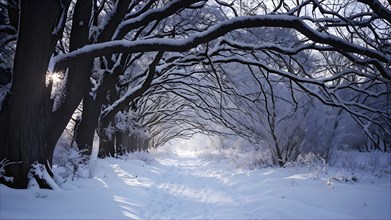 Winter forest with snow bathed in soft diffuse light, AI generated