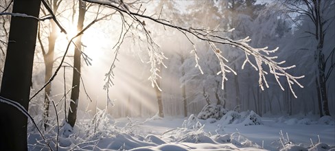 Winter forest with snow bathed in soft diffuse light, AI generated