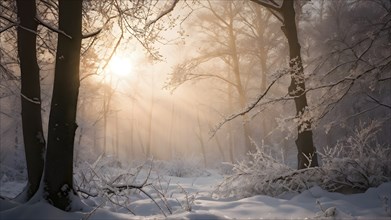 Winter forest with snow bathed in soft diffuse light, AI generated