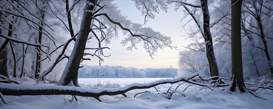 Winter forest with snow bathed in soft diffuse light, AI generated