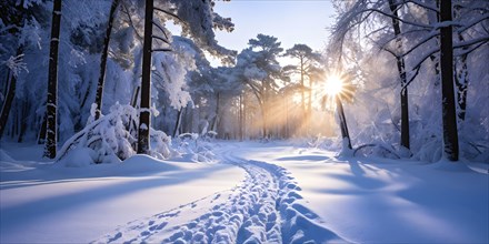 Winter forest with snow bathed in soft diffuse light, AI generated