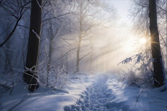 Winter forest with snow bathed in soft diffuse light, AI generated