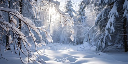 Winter forest with snow bathed in soft diffuse light, AI generated