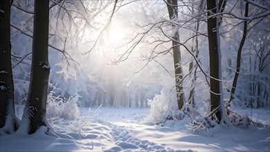 Winter forest with snow bathed in soft diffuse light, AI generated