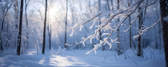 Winter forest with snow bathed in soft diffuse light, AI generated