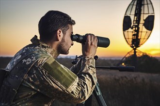 Man in military uniform using binoculars at sunset, with a radar in the background, AI generated,