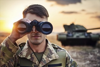 Man in camouflage holding binoculars, with a tank in the background and a dramatic sunset, AI