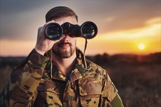 Man in camouflage clothing watches the sunset with binoculars in a quiet natural environment, AI