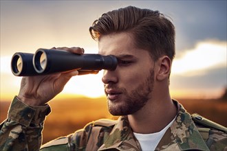 Young man in military uniform looking through binoculars during sunset in a natural environment, AI