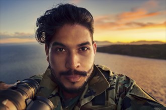 Man in military uniform with binoculars at sunset, warm and quiet moment in nature, AI generated,