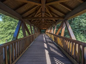 Covered wooden bridge, Baalensee bridge over the Havel between Schwedtsee and Baalensee, panoramic