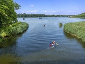 Paddle boat, paddler, on the Havel between Baalensee and Schwedtsee (behind), Fürstenberg/Havel,