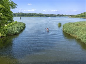 Paddle boat, paddler, on the Havel between Baalensee and Schwedtsee (behind), Fürstenberg/Havel,