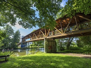 Covered wooden bridge, Baalensee bridge over the Havel between Schwedtsee and Baalensee, panoramic