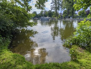 Motorboat on the Havel at Schwedtsee, Fürstenberg/Havel, Brandenburg, Germany, Europe